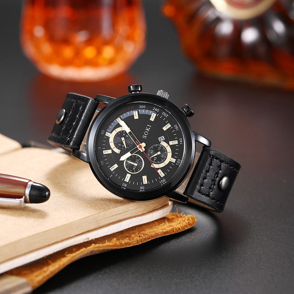 Mode Lssig Pu Strap mit Kalender Quarzuhr herren Uhr Armband Setpicture4