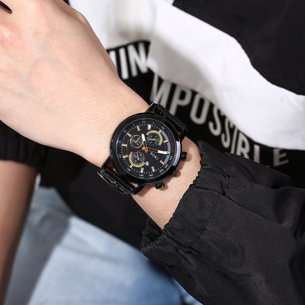Mode Lssig Pu Strap mit Kalender Quarzuhr herren Uhr Armband Setpicture6