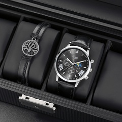 Men's Watch Fashion Casual Pu Strap Sports Quartz Watch Set with Calendar