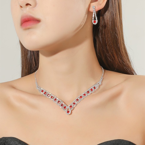 Fashion Bridal Necklace Ornament EarringTwo-Piece Red Rhinestone Jewelry Set's discount tags