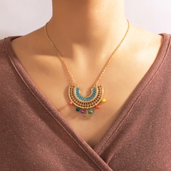 Ethnic Style Bead Tassel fan shape pendant Single Layer Necklace