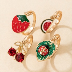 Cute Cartoon Fruit Strawberry Cherry Drop Oil Ring 4-Piece set