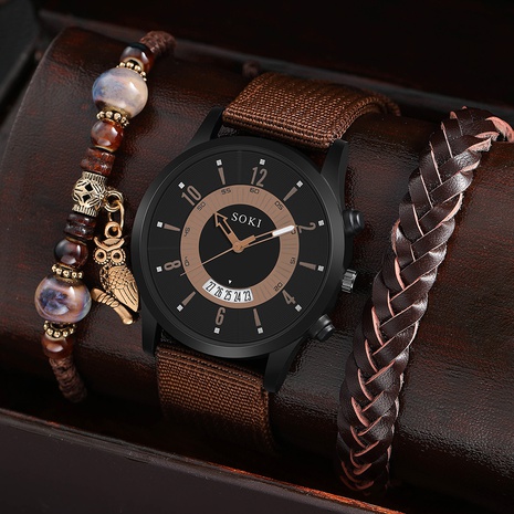 casual style brown Woven Nylon Strap Calendar Men's Sports Quartz Watch pendant wristband's discount tags