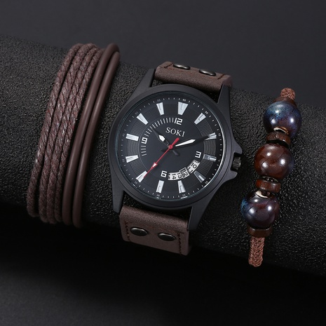 Simple classic Calendar brown PU leather strap Men's Sports Watch wristband's discount tags