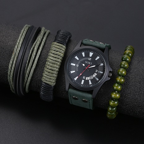 Simple Classique Calendrier noirâtre vert PU bracelet en cuir Hommes de Sport Montre bracelet's discount tags
