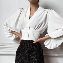 2022 Spring and Summer New Women's Clothing Short Navel Chiffon Shirt V-neck Top Long Sleeve Blouse