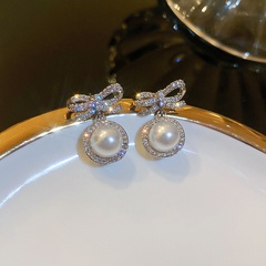 Nouveau Style Arc Perle pendentif cuivre incrusté strass Boucles D'oreilles