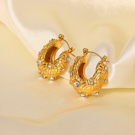 Fashion 18K Gold U-Shaped Inlaid Zirconium Woven Crisscross Geometric Stainless Steel  Earring's discount tags