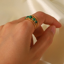 Fashion Natural Malachite round Hollow Waterproof Opening Stainless Steel Ring Womenpicture9