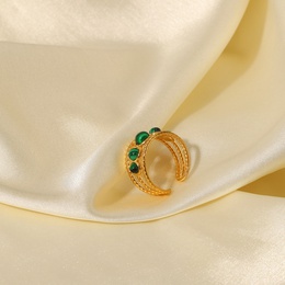 Fashion Natural Malachite round Hollow Waterproof Opening Stainless Steel Ring Womenpicture7