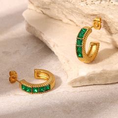 Fashion 18K Gold Square Green Zircon Inlaid Thread C-Shaped Stainless Steel Earring