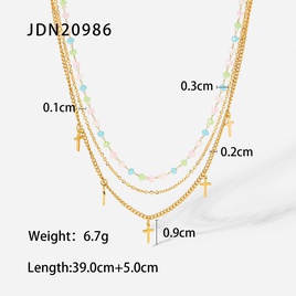 Fashion Colored Bead Titanium Steel Chain Cross Tassel Pendant ThreeLayer 18K GoldPlated Stainless Steel Necklacepicture12