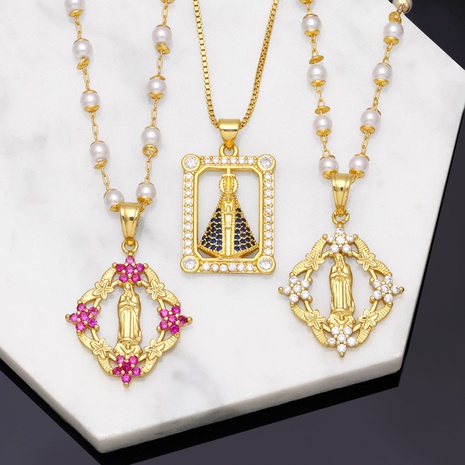Mode Bunte Zirkon Blume Reines Mary Weibliche Einfache Perle Kette Halskette Kupfer Halskette's discount tags