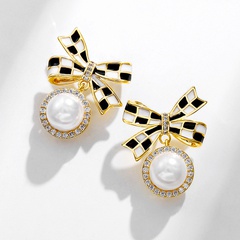Cute Bow Black White Plaid Pearl Pendant copper Earrings