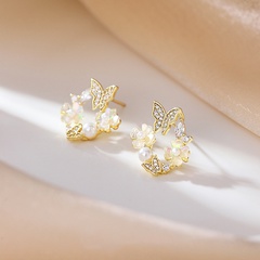 Simple Style Butterfly Flower Pearl copper inlaid Zircon Stud Earrings