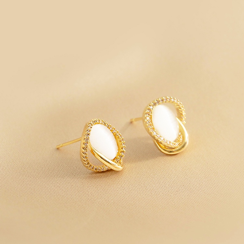 fashion circle opal stone copper inlaid zircon stud earrings