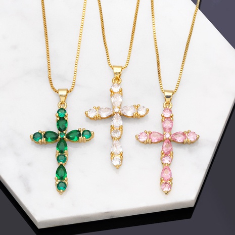 Fashion Colorful Zircon Cross Hip Hop Diamond Copper Necklace's discount tags
