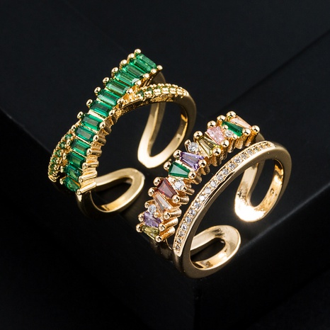 Fashion Plating 18K Gold Colorful Zircon Inlaid Rainbow Dual Layer Open Adjustable Copper Ring's discount tags