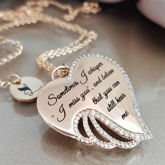 Fashion Heart Shape with Letter Diamond Inlaid Angel Wings Peach Heart Necklace