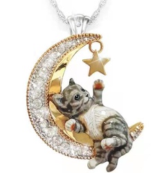 Cute Micro Inlaid Zircon Moon Pet Kitty Necklace Diamond Crescent Pendant