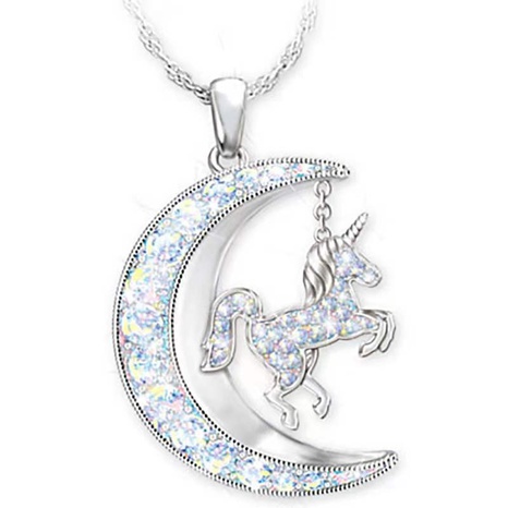 Simple Mode Lune Étoiles Licorne Poney Pendentif Plein de Diamants Brillant Clavicule Chaîne's discount tags