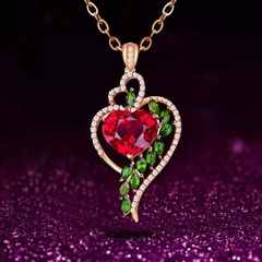 Women's Fashion Ruby Peach Heart Green Diamond Leaf-Shaped Pendant Necklace Jewelry