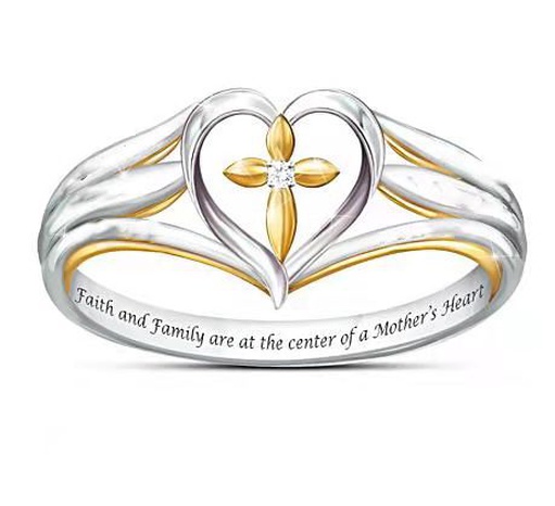 Fashion Simple Electroplated Two-Color Cross Prayer Heart Alloy Ring's discount tags
