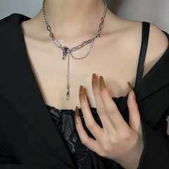 Stainless Steel Purple rhinestone Heart Tassel Pearl Necklace Clavicle Chain