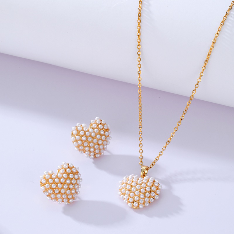 Mode Einfache berzogene 18k Perle Herz Form Gold Edelstahl Halskette Ohrringe Set
