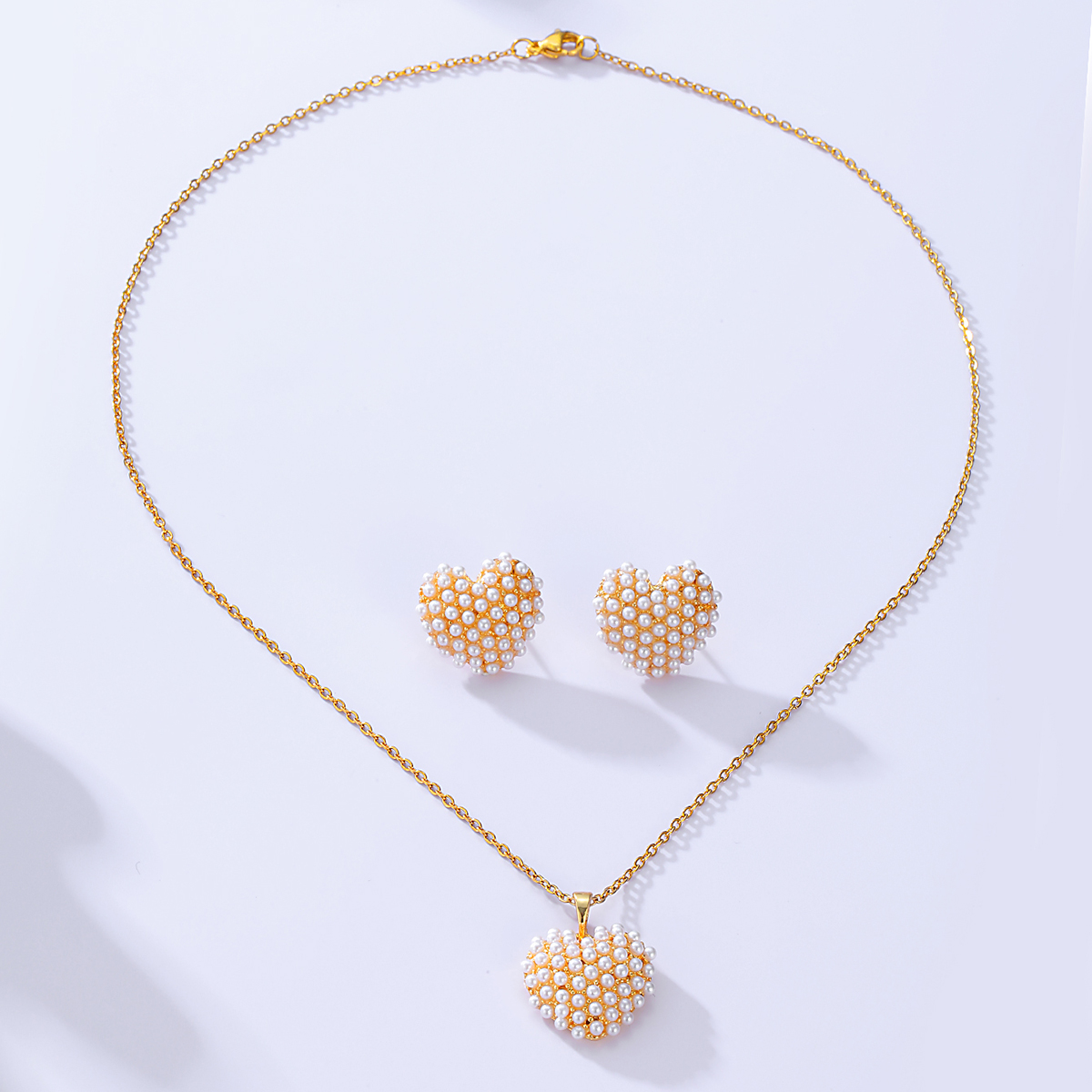 Mode Einfache berzogene 18k Perle Herz Form Gold Edelstahl Halskette Ohrringe Setpicture2