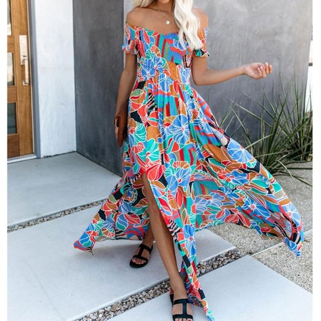 Women's Summer off-Neck Tube Top Cinched Waist Split Long Dress Bohemian Dress's discount tags