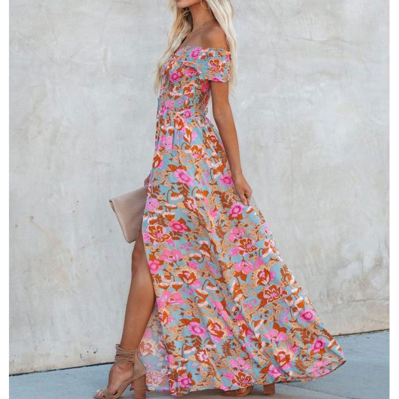 Womens Summer offNeck Tube Top Cinched Waist Split Long Dress Bohemian Dresspicture3