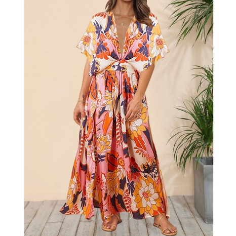 Summer New Batwing Sleeve V-neck Printed Sexy Beach Dress's discount tags