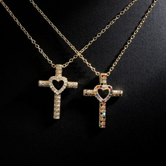 Fashion Copper 18K Gold Heart-Shaped Zircon Cross Pendant Necklace