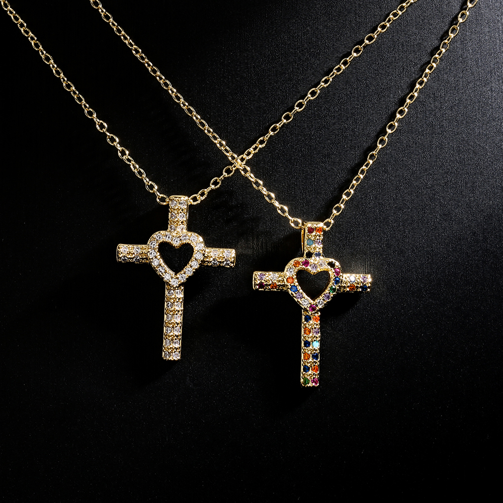 Fashion Copper 18K Gold HeartShaped Zircon Cross Pendant Necklacepicture4