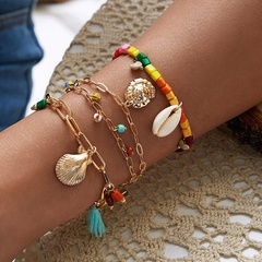 Fashion Color Rice-Shaped Beads Stringed Beads Shell Three-Layer Ethnic Style Tassel Bracelet Set