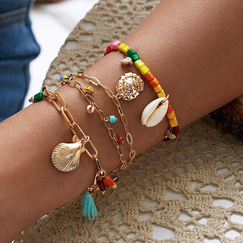 Fashion Color RiceShaped Beads Stringed Beads Shell ThreeLayer Ethnic Style Tassel Bracelet Set
