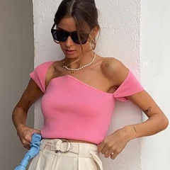 Fashion Summer New off-Shoulder Square Collar Fit Crop-Top Short Sleeve T-shirt