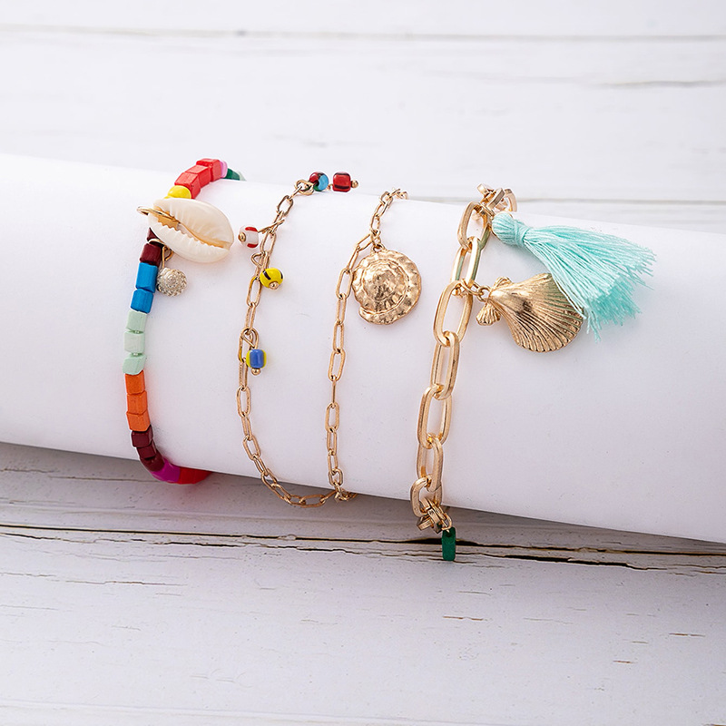 Fashion Color RiceShaped Beads Stringed Beads Shell ThreeLayer Ethnic Style Tassel Bracelet Setpicture2
