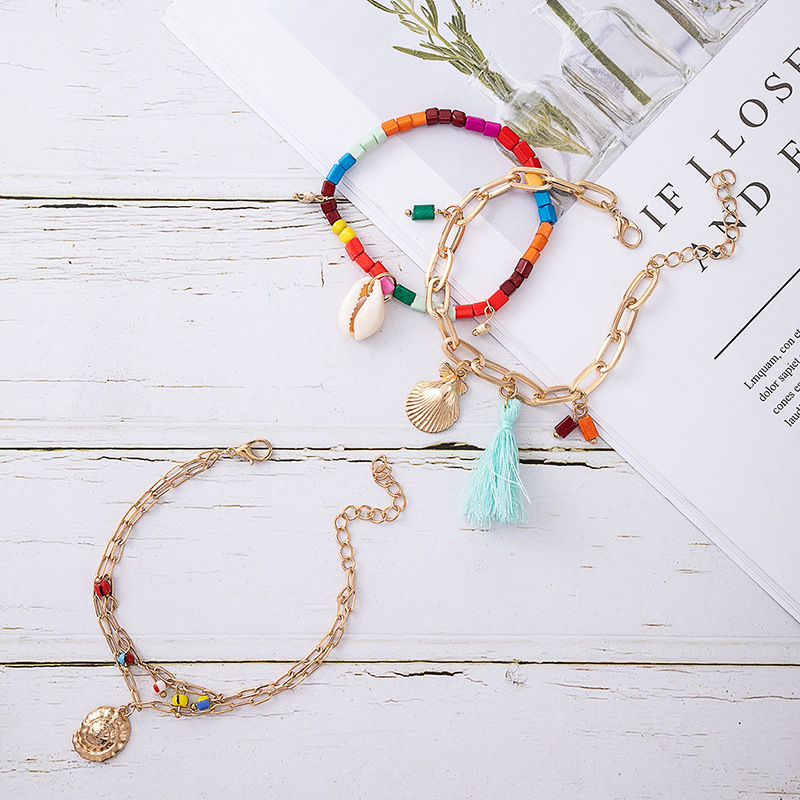 Fashion Color RiceShaped Beads Stringed Beads Shell ThreeLayer Ethnic Style Tassel Bracelet Setpicture4
