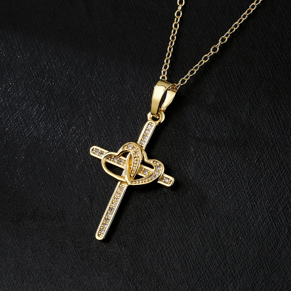 Fashion Jewelry Copper 18K Gold Zircon Double Heart Shaped Cross Pendant Necklacepicture1