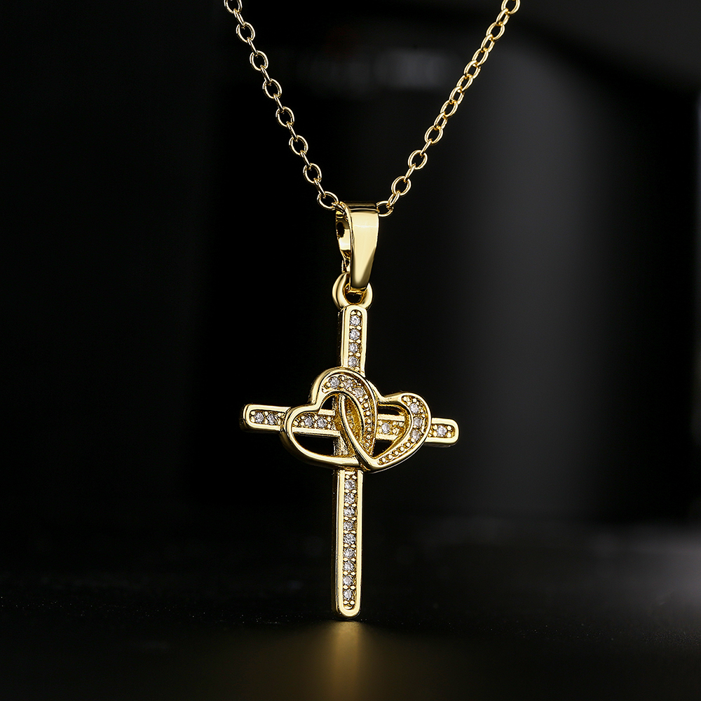 Fashion Jewelry Copper 18K Gold Zircon Double Heart Shaped Cross Pendant Necklacepicture3