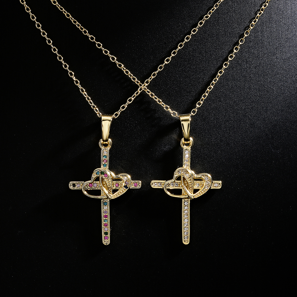 Fashion Jewelry Copper 18K Gold Zircon Double Heart Shaped Cross Pendant Necklacepicture4