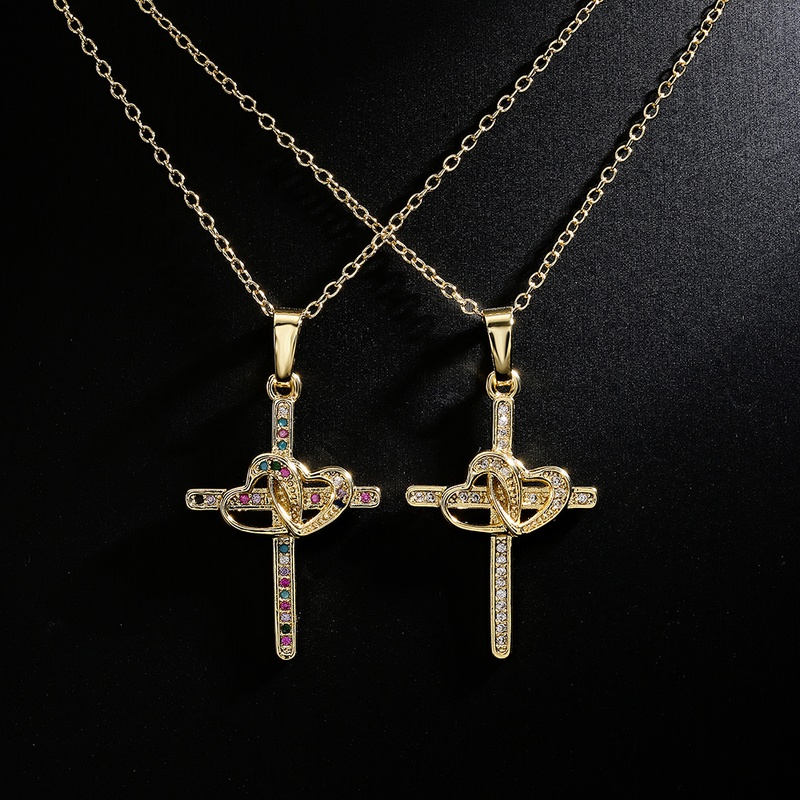Fashion Jewelry Copper 18K Gold Zircon Double Heart Shaped Cross Pendant Necklace