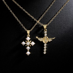 Fashion New Copper 18K Golden Clavicle Chain Pearl Zircon Cross Pendant Necklace