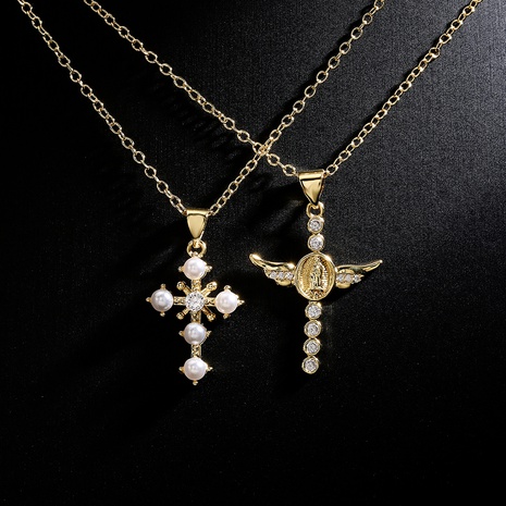 Fashion New Copper 18K Golden Clavicle Chain Pearl Zircon Cross Pendant Necklace's discount tags