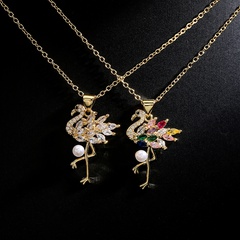 Fashion Copper 18K Gold Zircon Pearl Flamingo Pendant Necklace