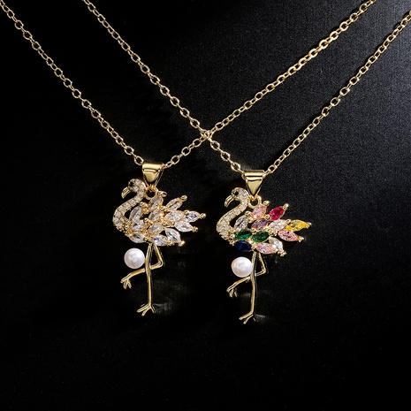 Fashion Copper 18K Gold Zircon Pearl Flamingo Pendant Necklace's discount tags