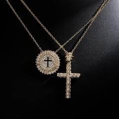 Fashion New Copper 18K Gold Zircon Disc Hollow Cross Necklace Female