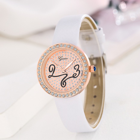 trendy solid color PU leather strap inlaid rhinestone alloy Women's watch's discount tags